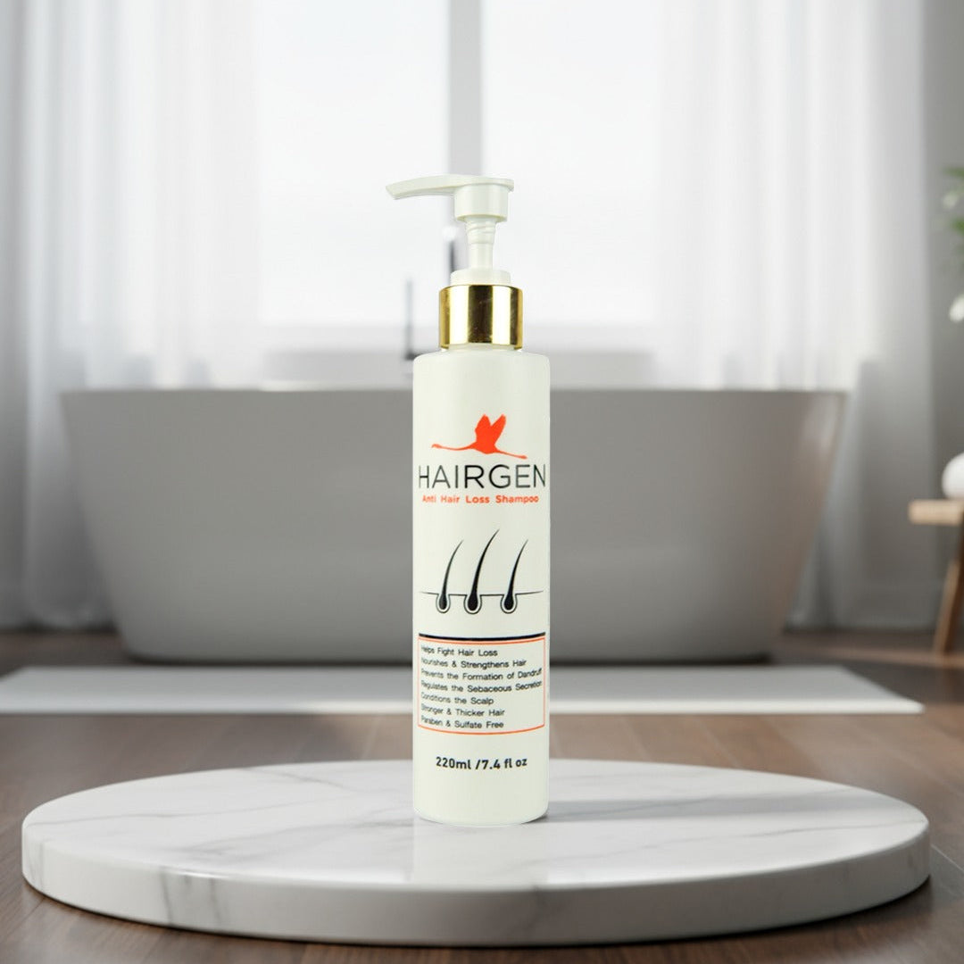 Hairgen hair loss shampoo bottle on a marble stand with a blurred bathroom background