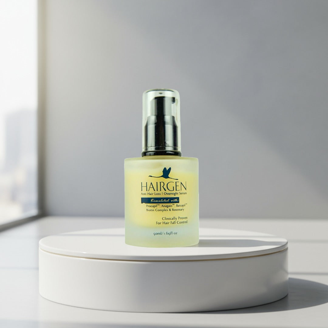 Hairgen hair care product on a white platform with a neutral background