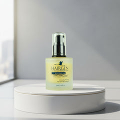 Hairgen hair care product on a white platform with a neutral background