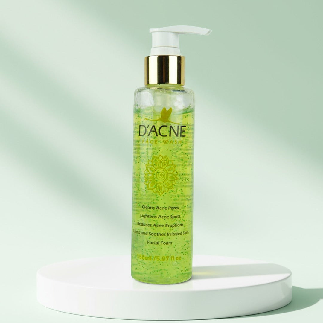 Green bottle of D'Acne facial foam on a light green background