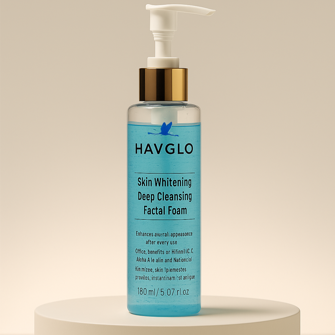 Blue bottle of HAVGLO Skin Whitening Deep Cleansing Facial Foam on a beige background