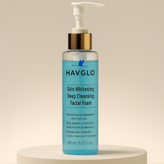 Blue bottle of HAVGLO Skin Whitening Deep Cleansing Facial Foam on a beige background